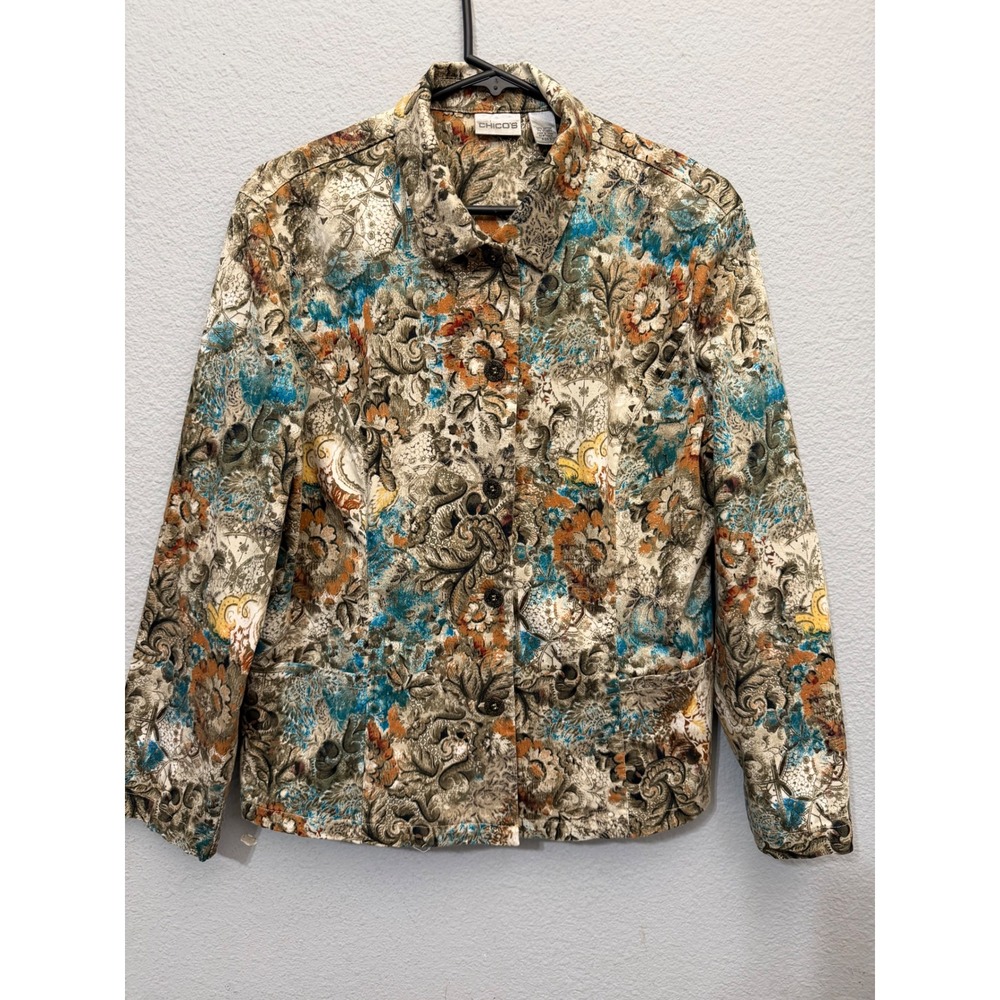 Chico's Cottagecore Jacket Size 2 Large Floral Paisley Button Front Brown